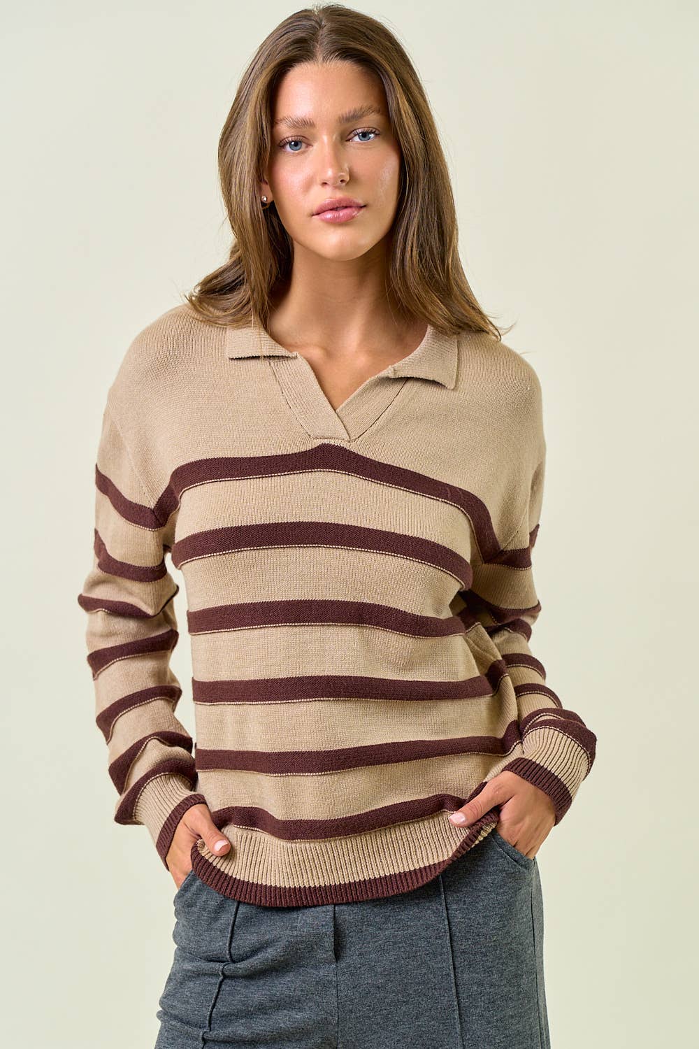 Split V-neck Polo Neckline Striped Sweater Top