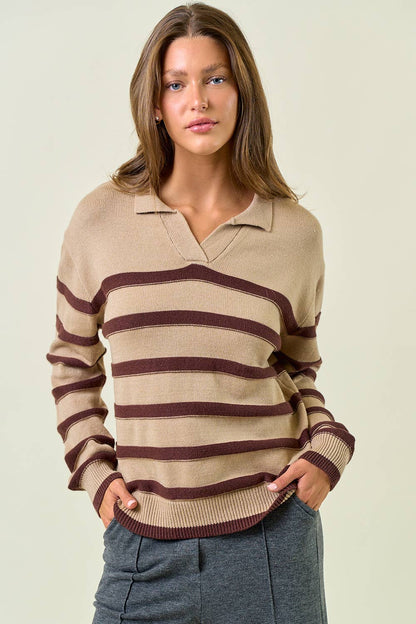 Split V-neck Polo Neckline Striped Sweater Top