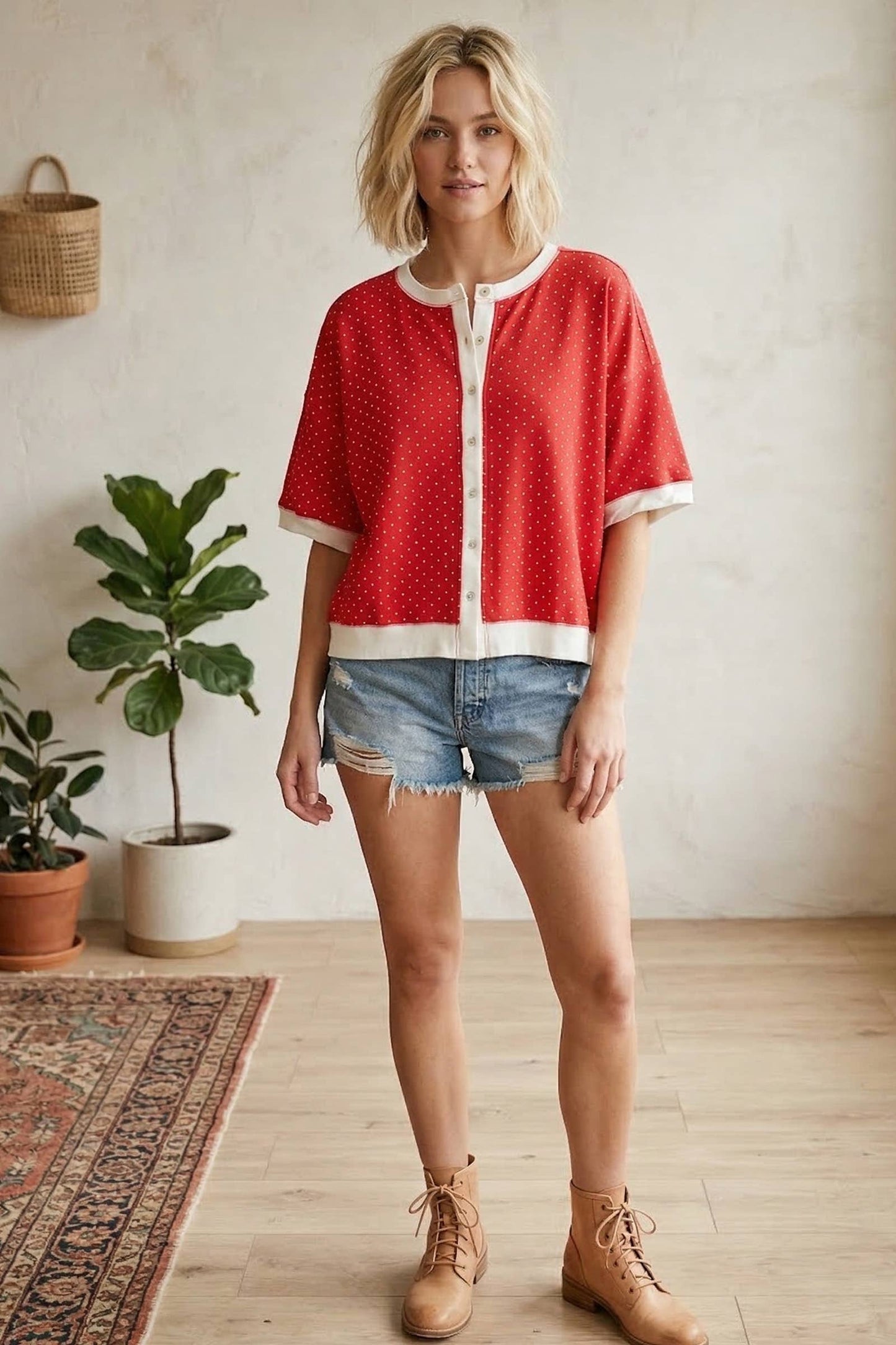 Relaxed Fit Polka Dot Button Front Top