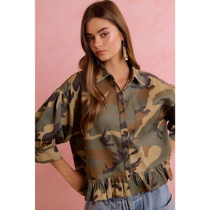 CAMO PRINTED RUFFLED HEM BUTTON DOWN BLOUSE