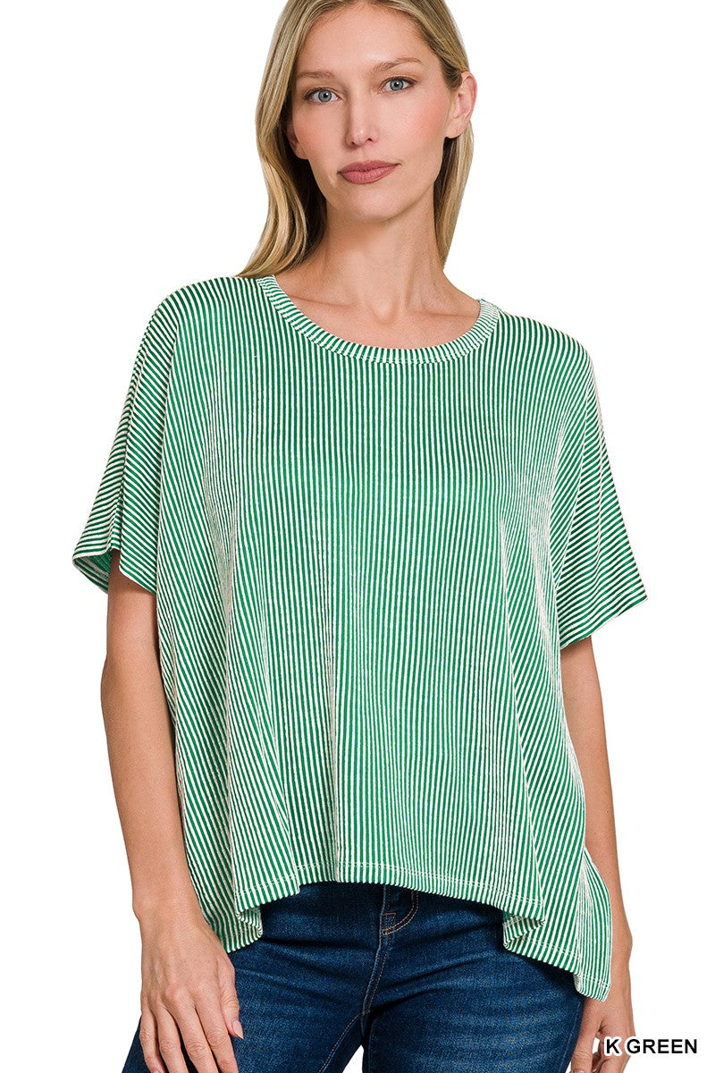 Ribbed Striped Oversized Short Sleeve Top