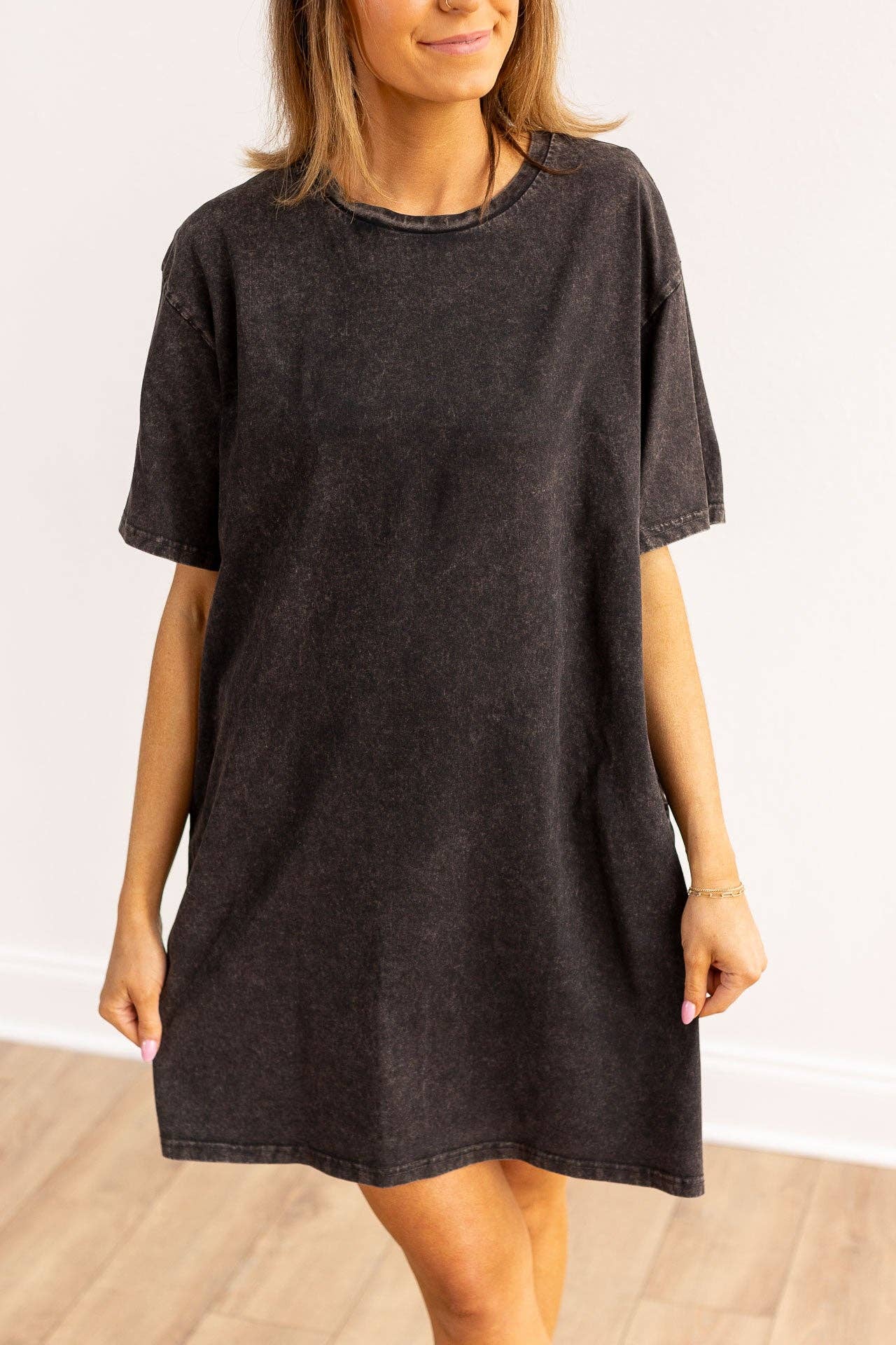 Plus Size Black Wash Tee Shirt Dress With Pockets