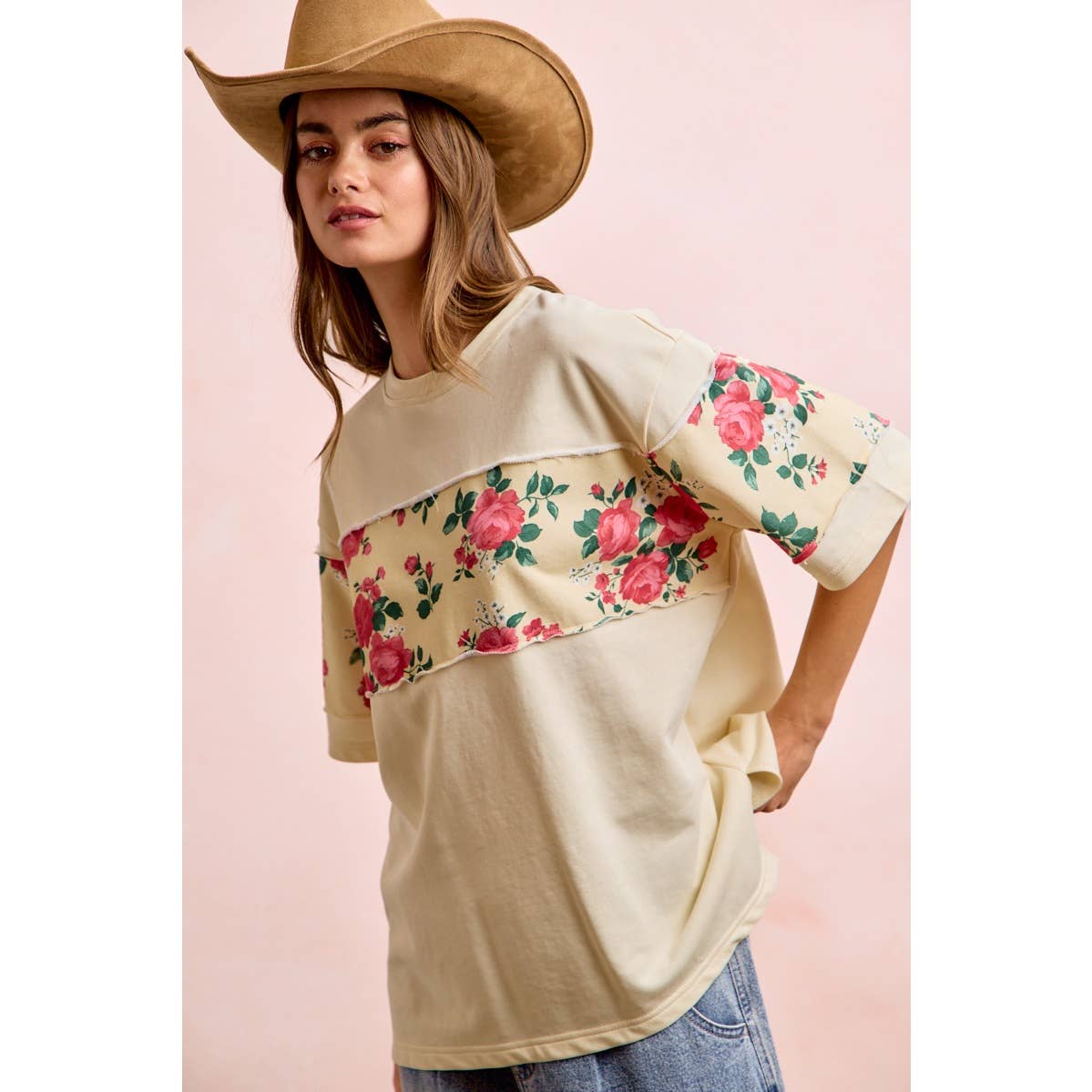 FLORAL PRINT SHORT SLEEVES FRENCH TERRY TOP