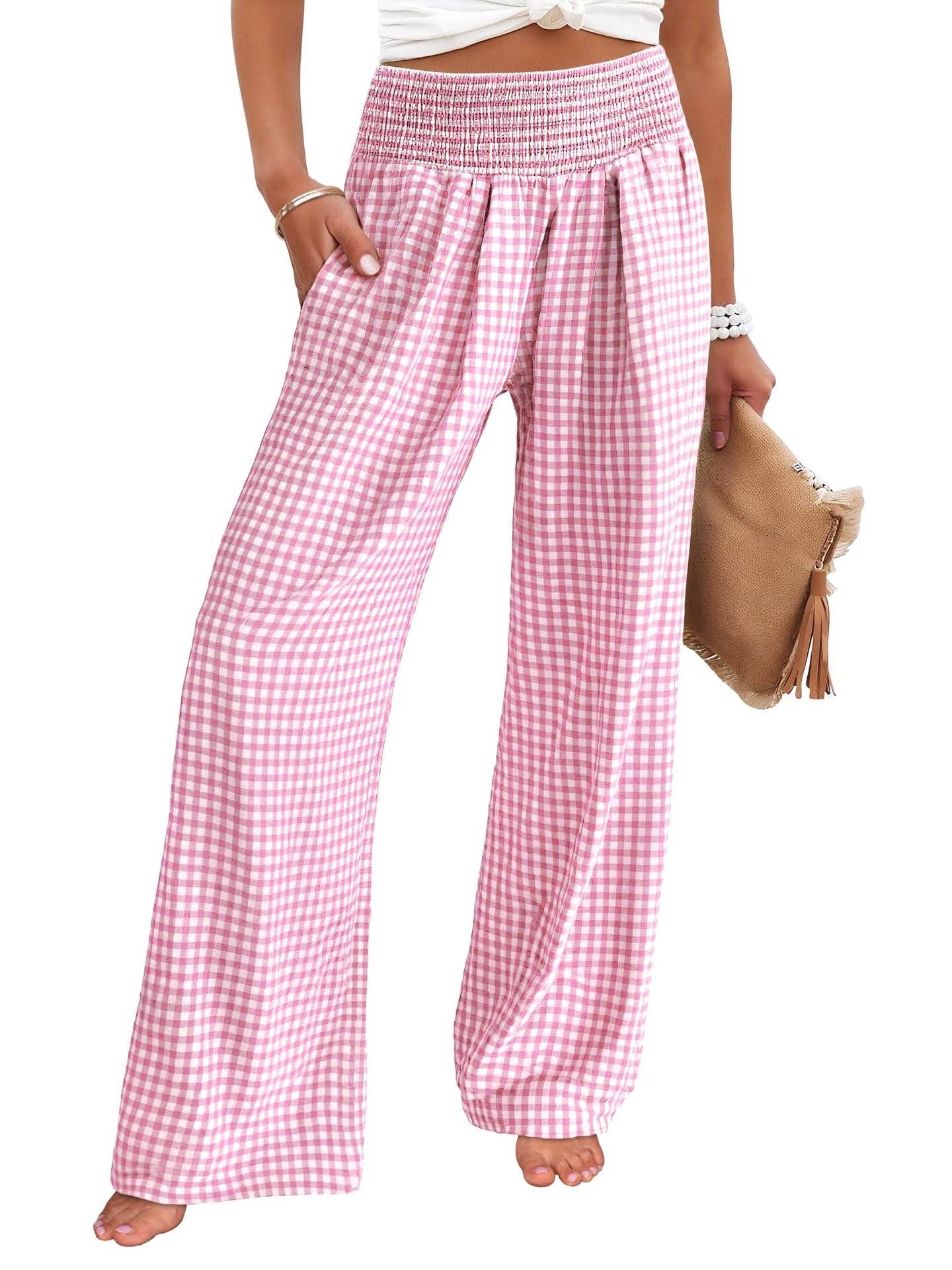Women's Casual Plaid Elastic Waist Wide Leg Pants