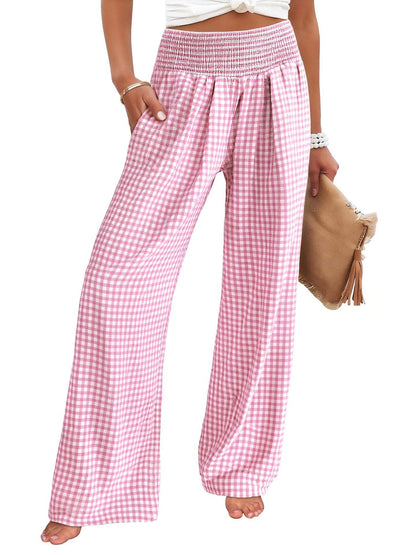 Women's Casual Plaid Elastic Waist Wide Leg Pants