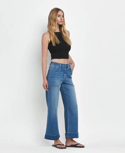 KRIS HIGH RISE DOUBLE CUFFED BAGGY WIDE JEANS
