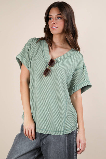 Soft Two Tone Casual Comfy Ribbed Knit Top