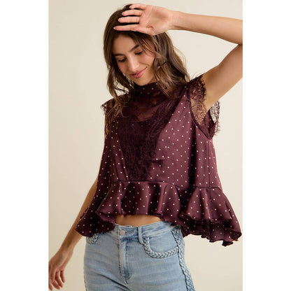 POLKA DOT SATIN LACE TRIM RUFFLED HIGH NECK BLOUSE TOP