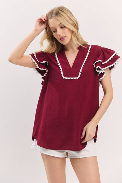 Game day Ruffle Sleeve Scallop Trim Top