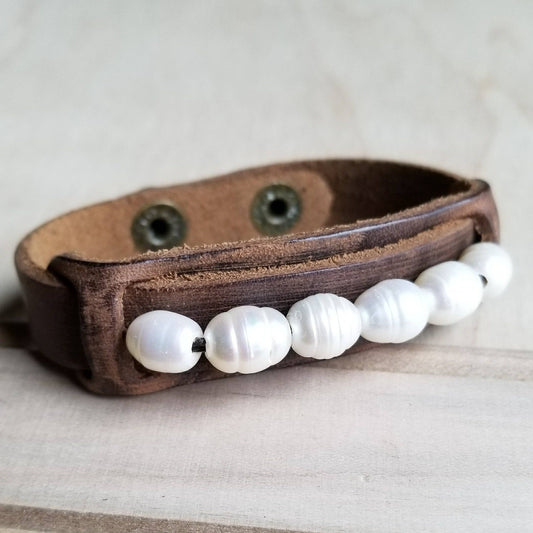 Dusty Leather Narrow Cuff with Genuine Freshwater Pearls