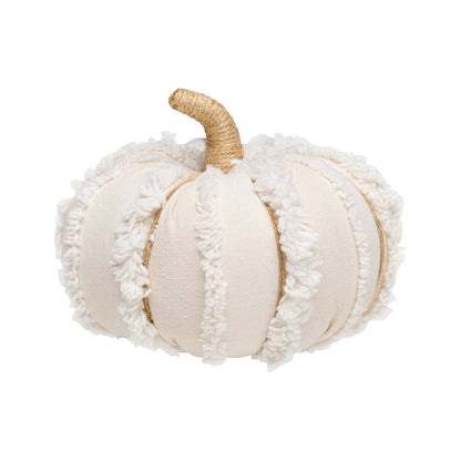 Medium White Fuzzy Stripes Fall Fabric Pumpkin