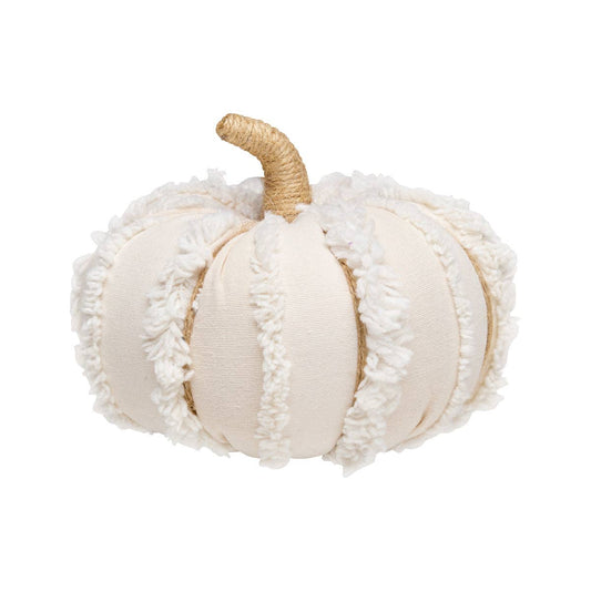 Medium White Fuzzy Stripes Fall Fabric Pumpkin