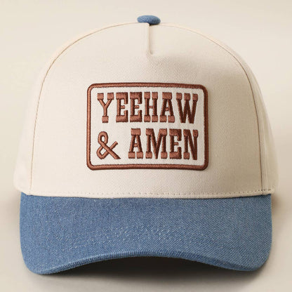 YEEHAW AND AMEN Embroidered Patch Denim Brim Baseball Cap