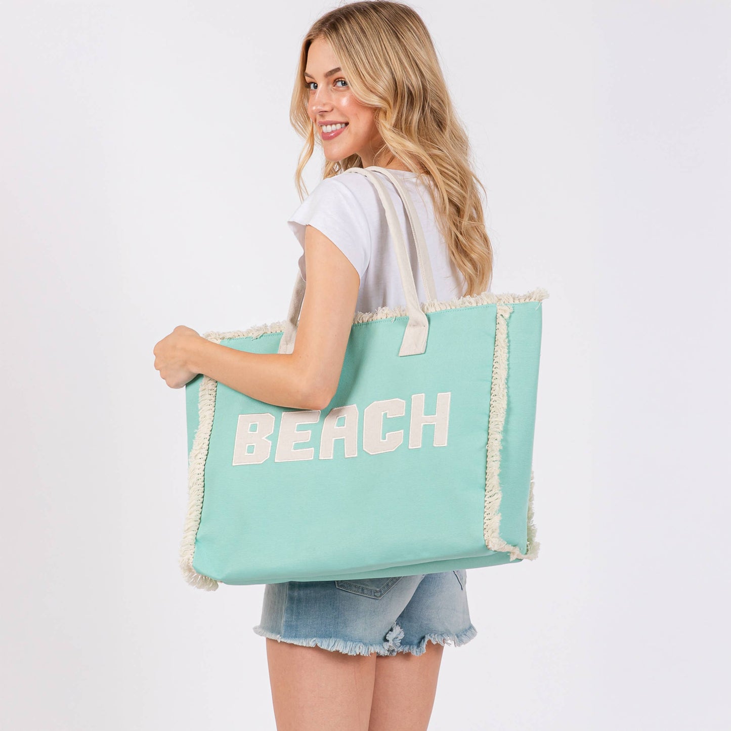 BEACH Embroidered Letter Fringe Summer Tote Bag