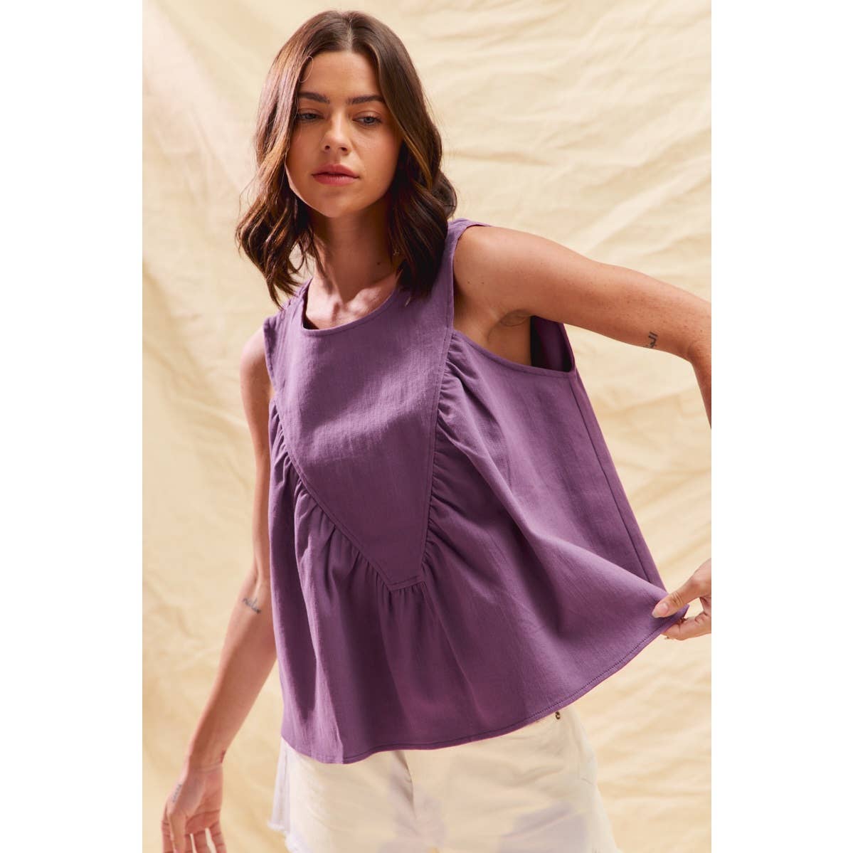 GAME DAY COLOR DENIM RUCHED SLEEVELESS TOP