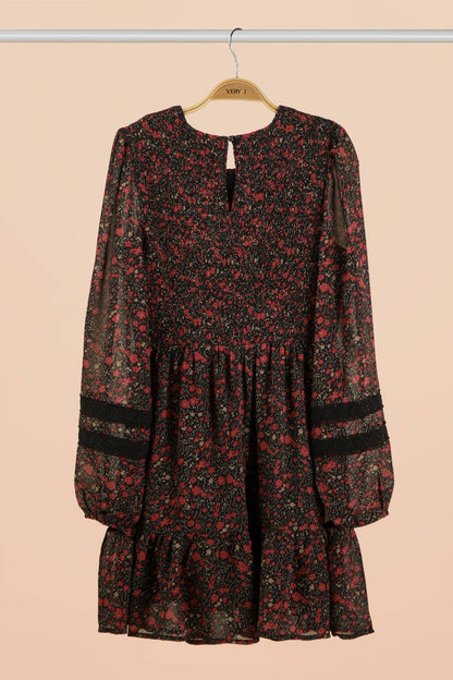PLUS SIZE Lace Trim Smocking Printed Mini Dress