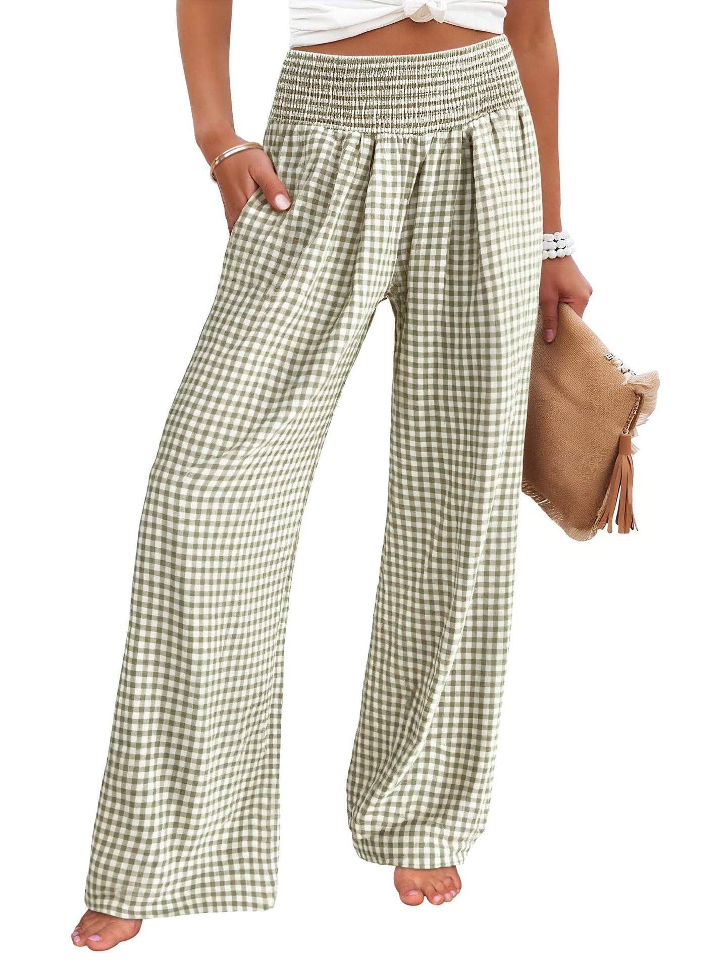 Women's Casual Plaid Elastic Waist Wide Leg Pants