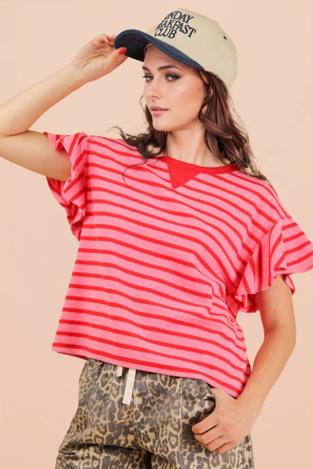 NT12476-Oversized Ruffle Sleeve Casual Stripe Knit Top