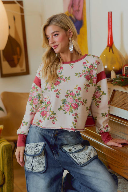 FLORAL BRUSHED OPEN BACK LONG SLEEVES TOP