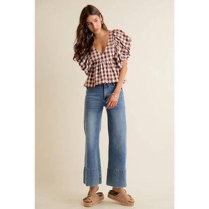 GINGHAM BUBBLE SLEEVES BACK SMOCKED BLOUSE TOP