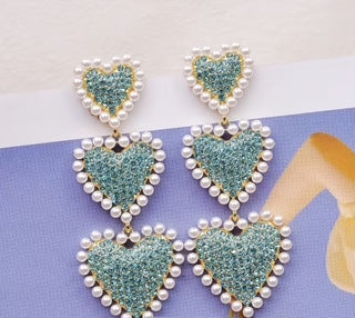 Heart-shaped dangle rhinestone / pearl earrings