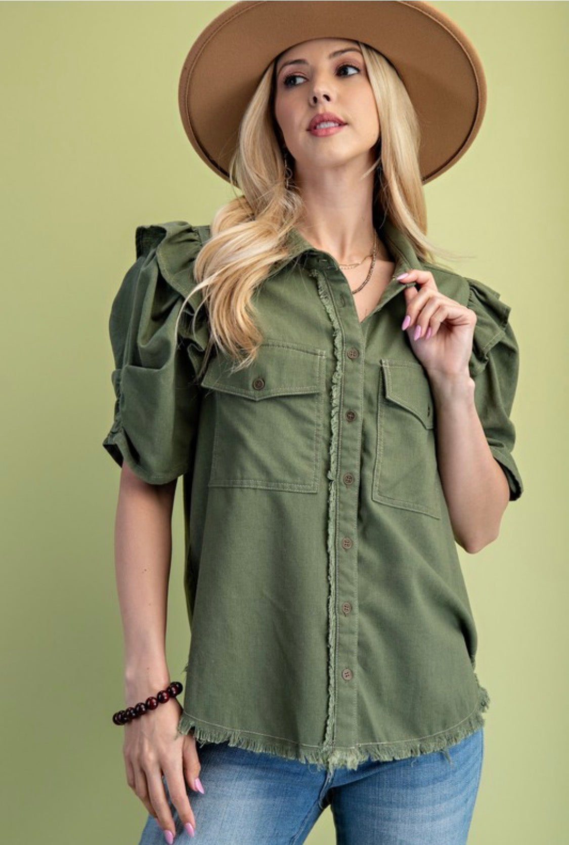 Ruffled Gathered Sleeve Linen Button Up Shirt