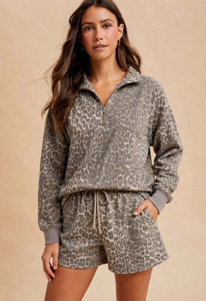 Leopard Printed Terry Top & Shorts Set
