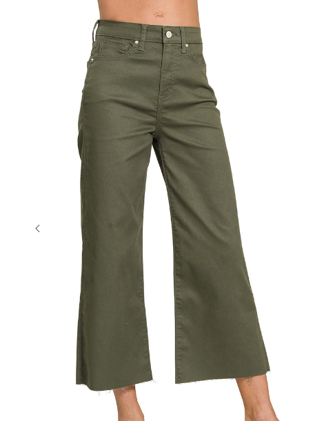 HR Flare Cropped Denim -Dark Olive
