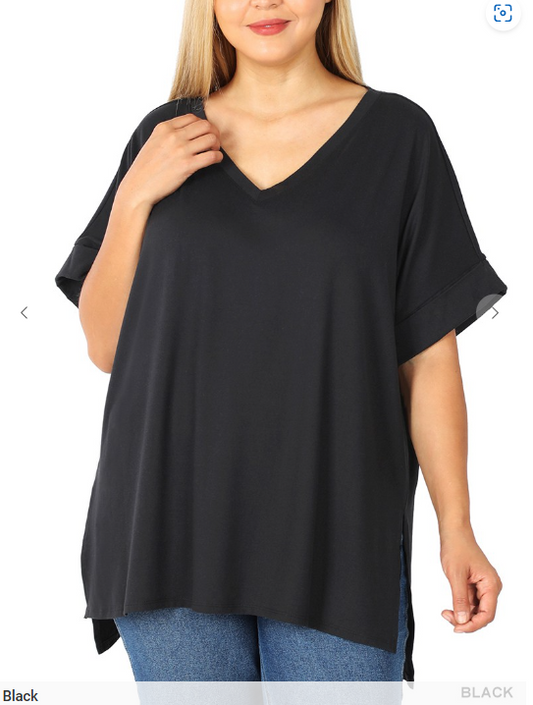 PLUS BRUSHED  ROLLED SHORT SLEEVE V-NECK TOP Black