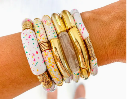 White Confetti Speckle Acrylic Tube Bamboo Bracelet