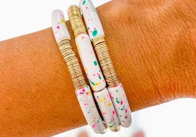 White Confetti Speckle Acrylic Tube Bamboo Bracelet