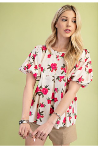 Half Button Floral Print Pleated Top