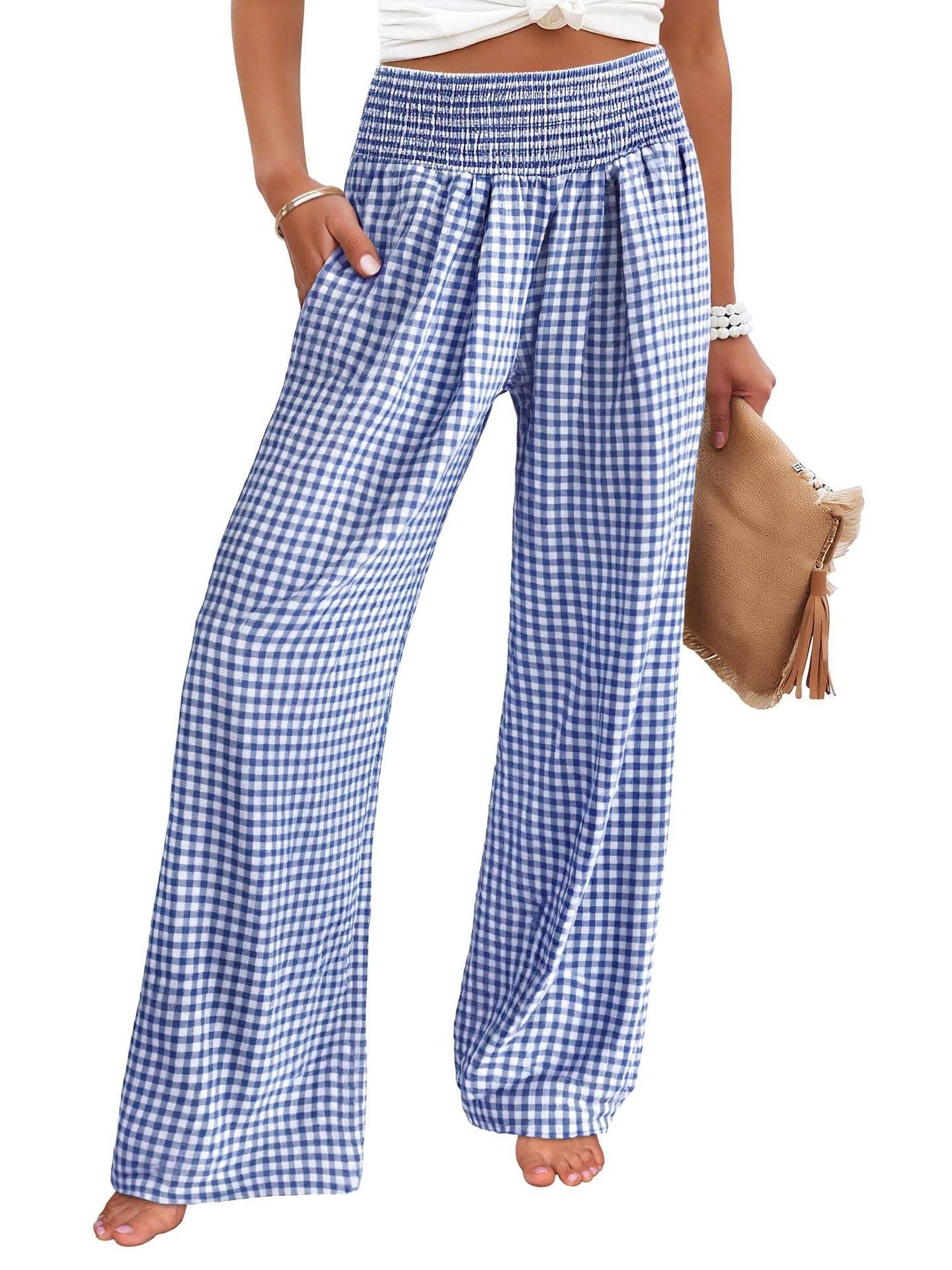 Women's Casual Plaid Elastic Waist Wide Leg Pants