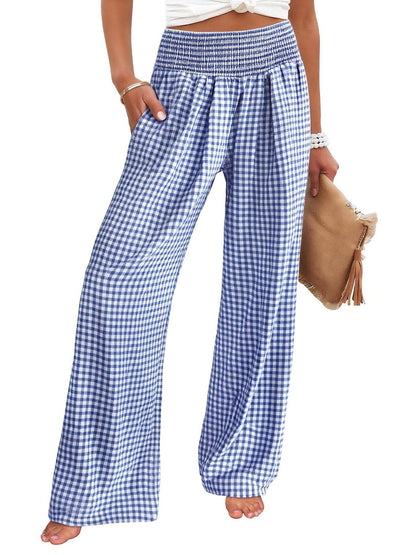 Women's Casual Plaid Elastic Waist Wide Leg Pants