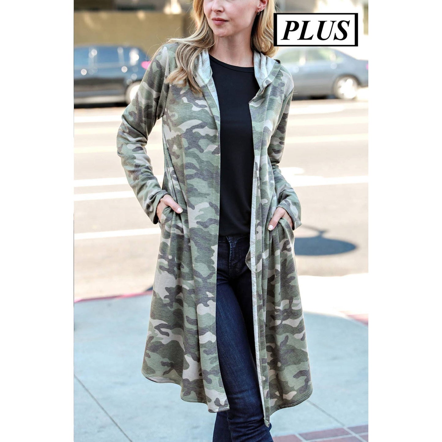 Plus Camo Long Cardigan with Hoodie