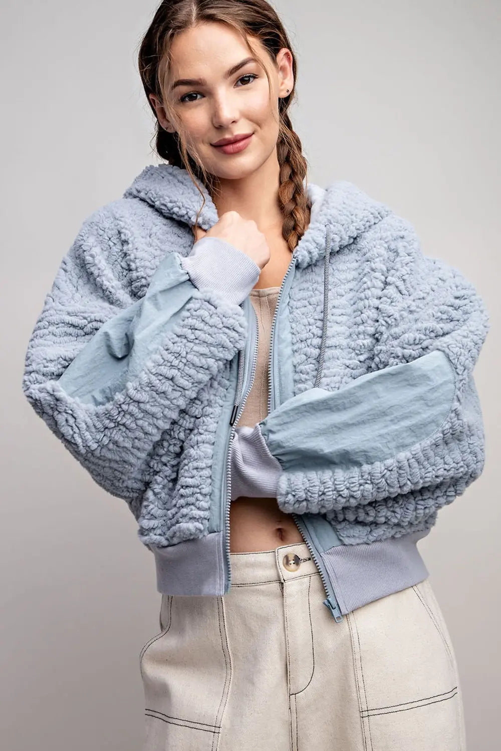 TWO TONE TEDDY FUR ZIP UP JACKET