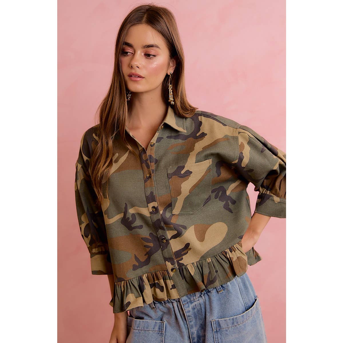 CAMO PRINTED RUFFLED HEM BUTTON DOWN BLOUSE