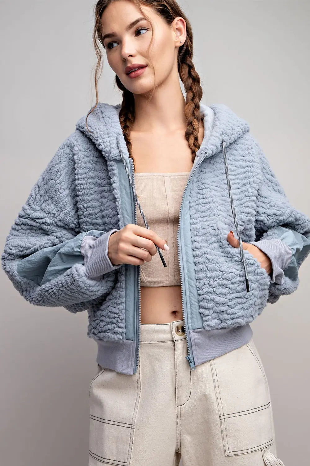 TWO TONE TEDDY FUR ZIP UP JACKET
