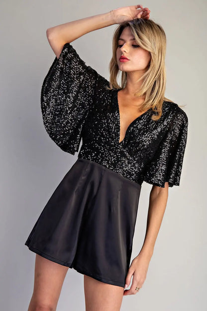 V-Neck Flutter Sleeve Sequin Romper