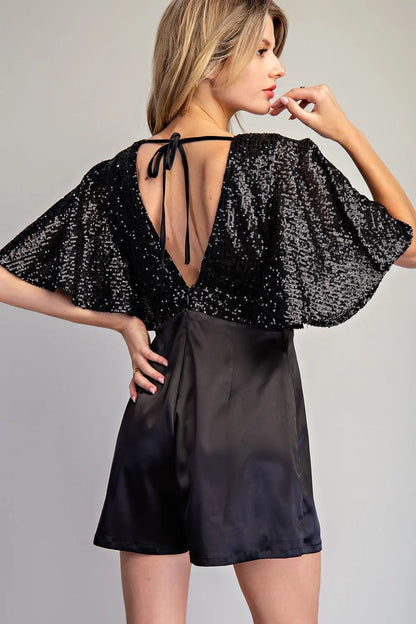 V-Neck Flutter Sleeve Sequin Romper