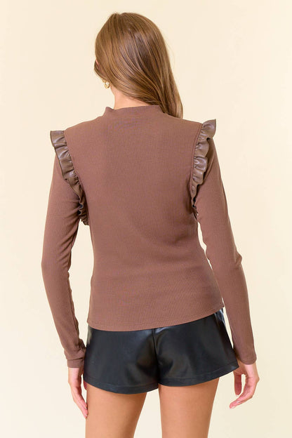Mock Neck PU Ruffled Long Sleeve Top
