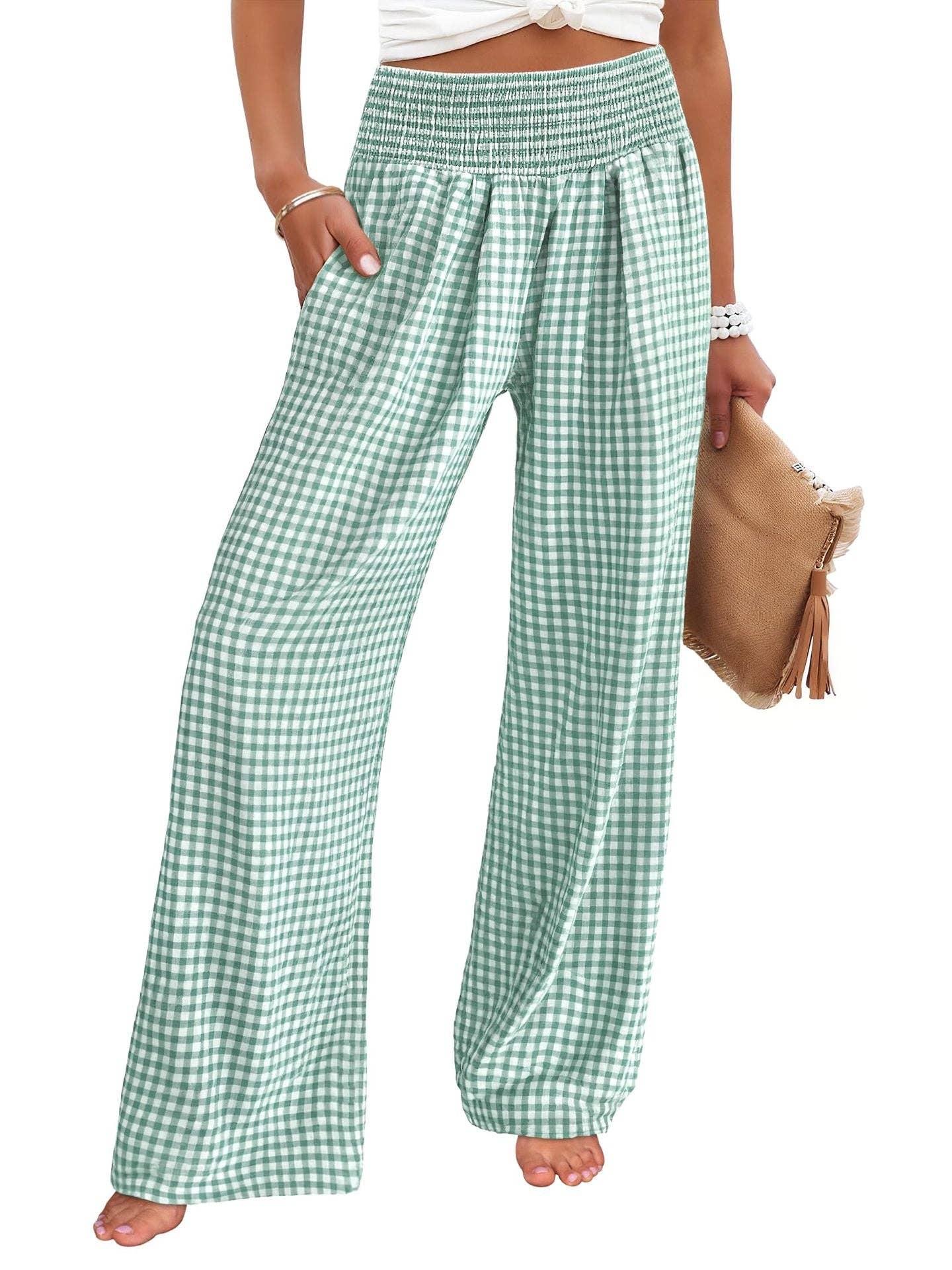 Women's Casual Plaid Elastic Waist Wide Leg Pants