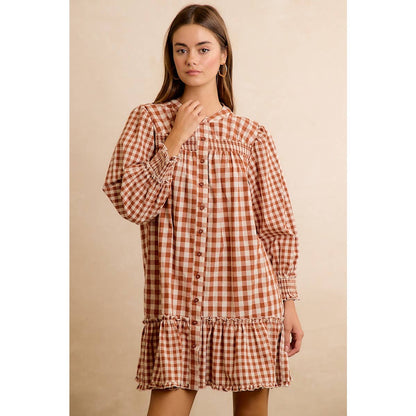 GINGHAM SMOCKED RUFFLE HEM MINI DRESS