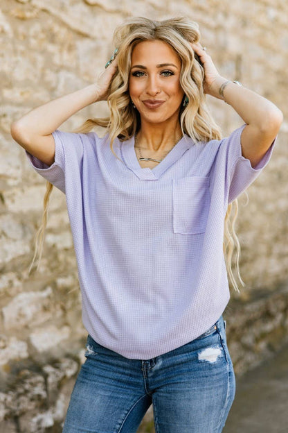 Two Tone Waffle V-Neck Dolman Sleeve Top