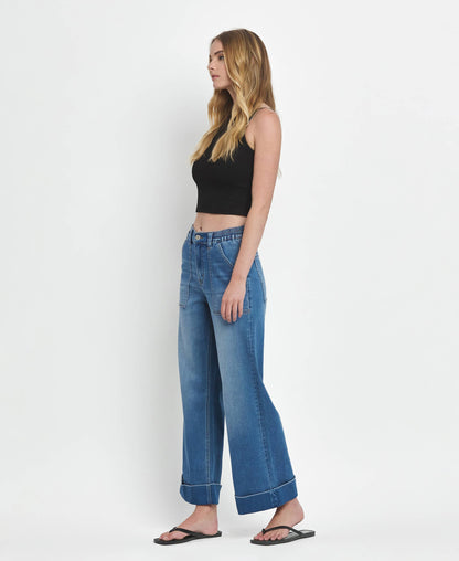KRIS HIGH RISE DOUBLE CUFFED BAGGY WIDE JEANS