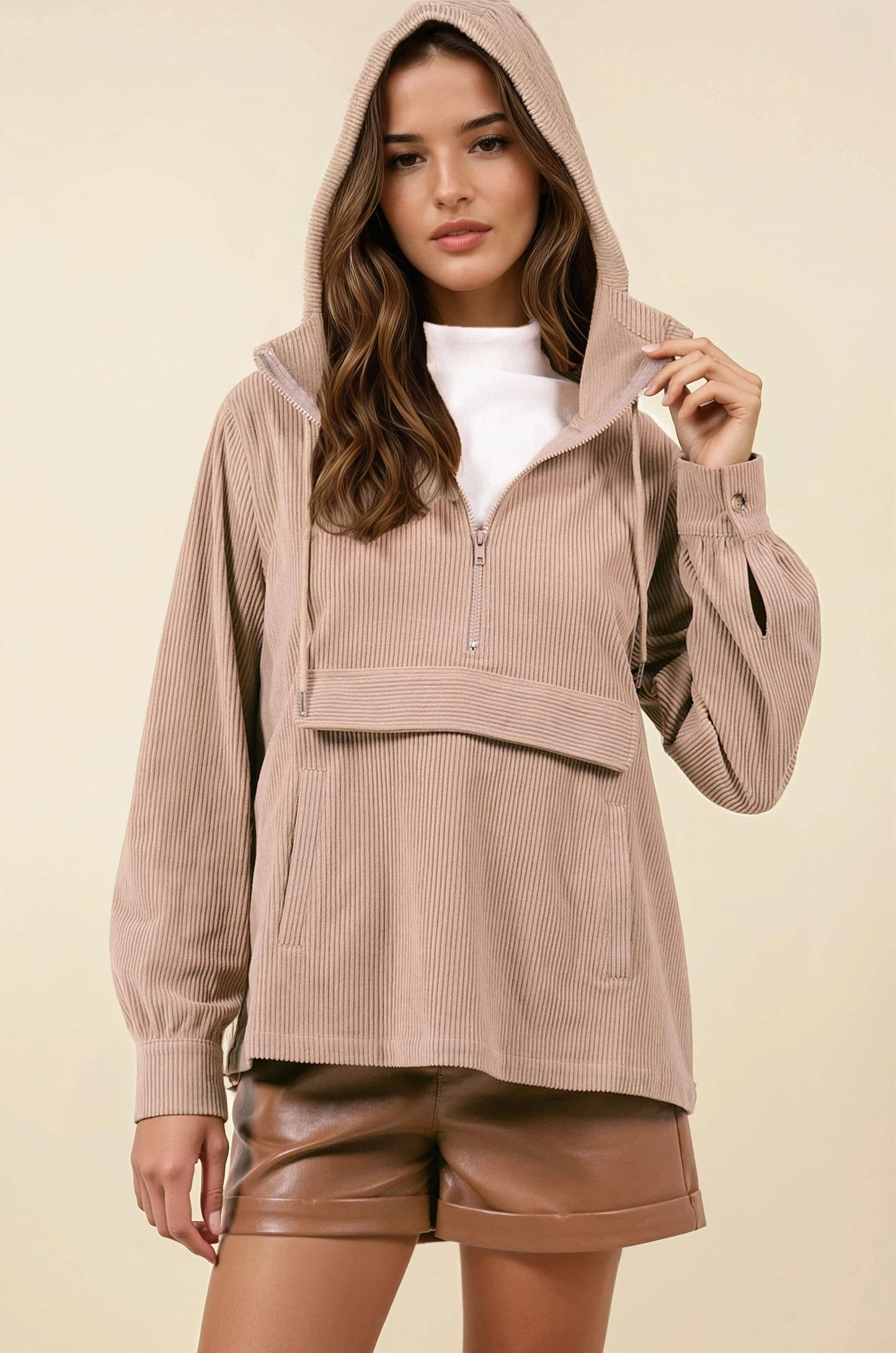 Velour Half Zip Hooded Anorak W/ Patch Pocket