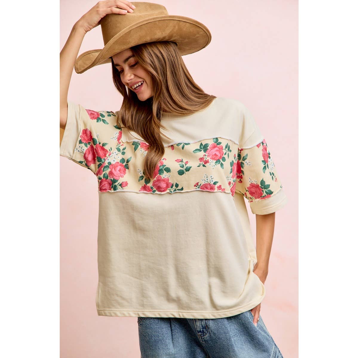 FLORAL PRINT SHORT SLEEVES FRENCH TERRY TOP