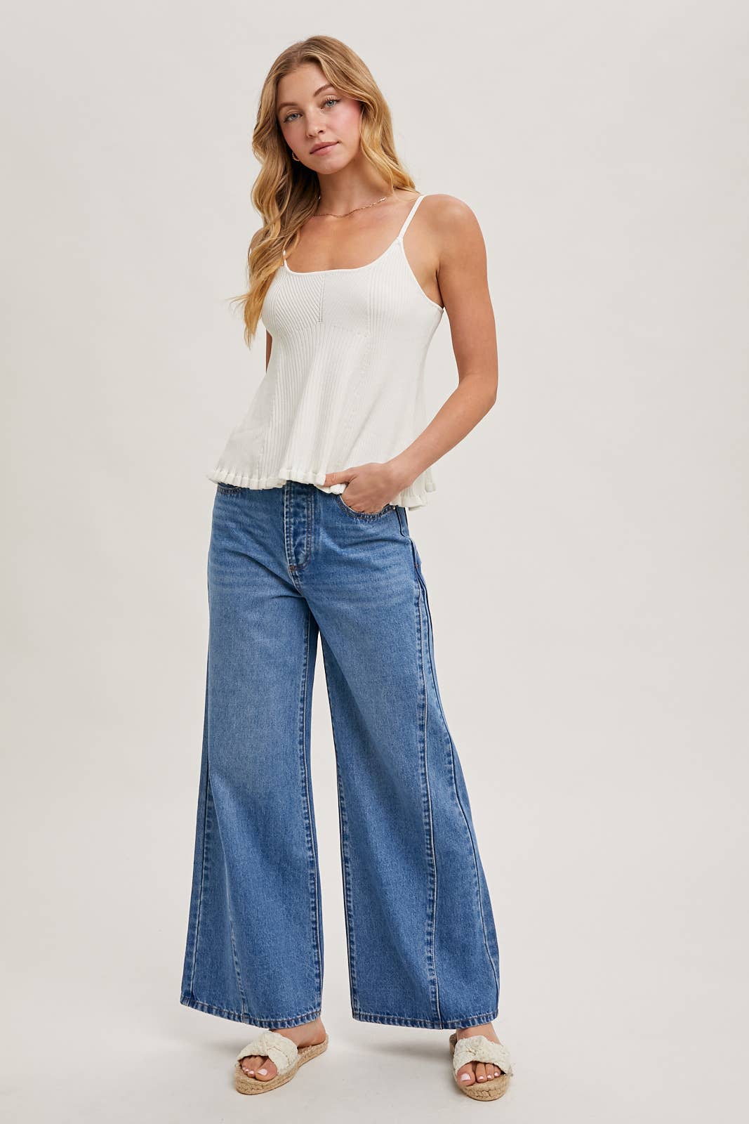 DENIM WIDE LEG MID RISE FLARE JEANS