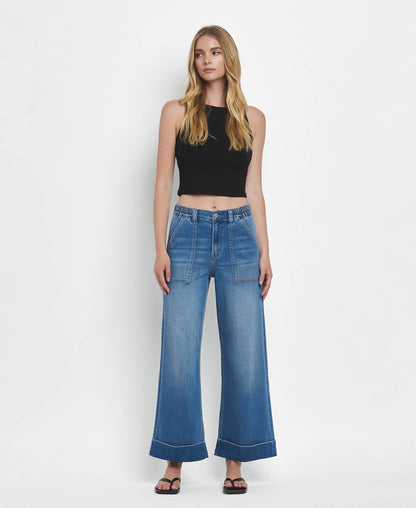 KRIS HIGH RISE DOUBLE CUFFED BAGGY WIDE JEANS