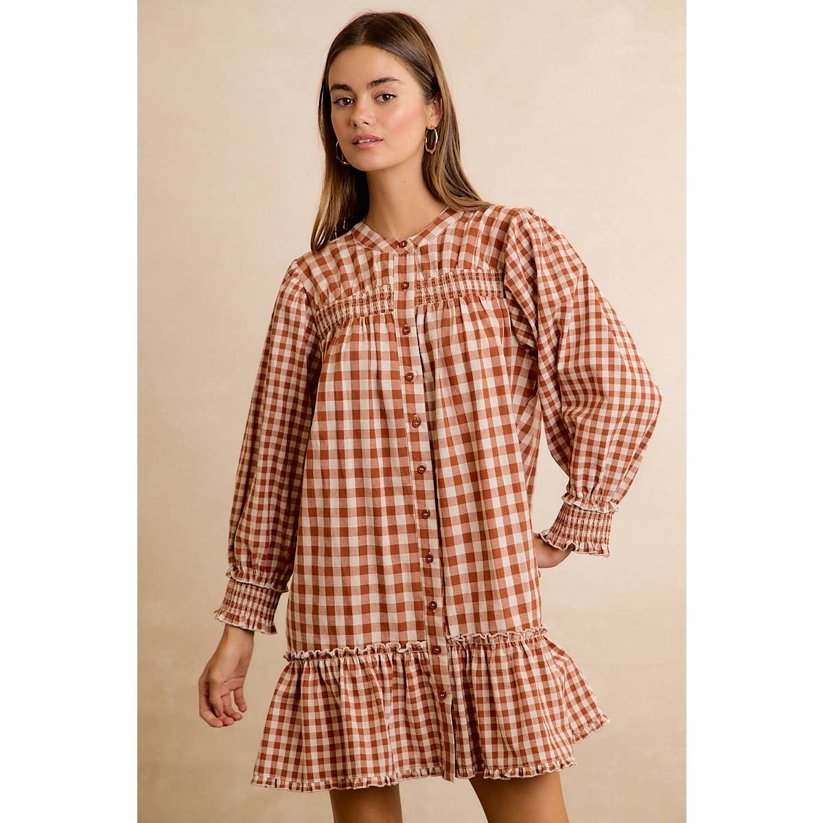 GINGHAM SMOCKED RUFFLE HEM MINI DRESS